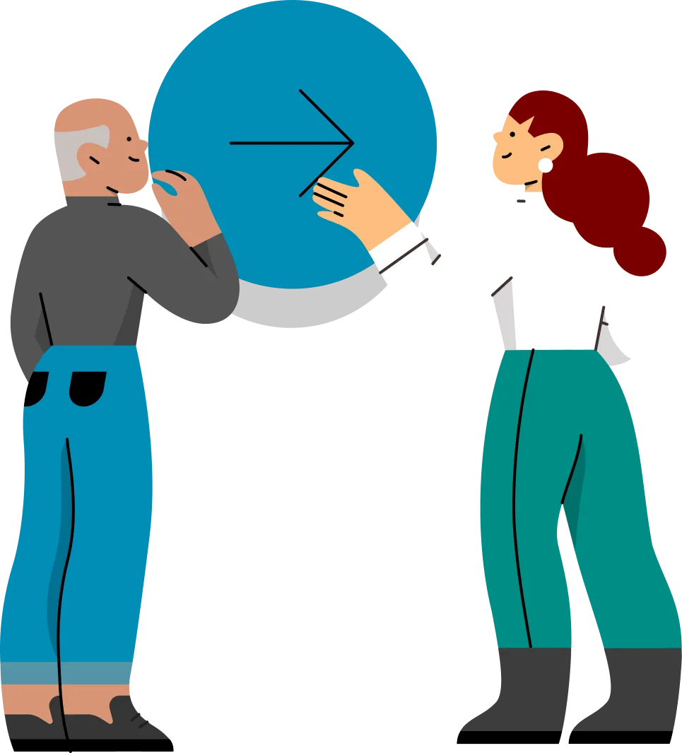 Mann und Frau vor Pfeil nach rechts
