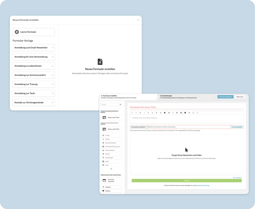 Der ChurchDesk Formular-Editor mit Vorlagenliste und einer Drag-and-drop-Oberfläche