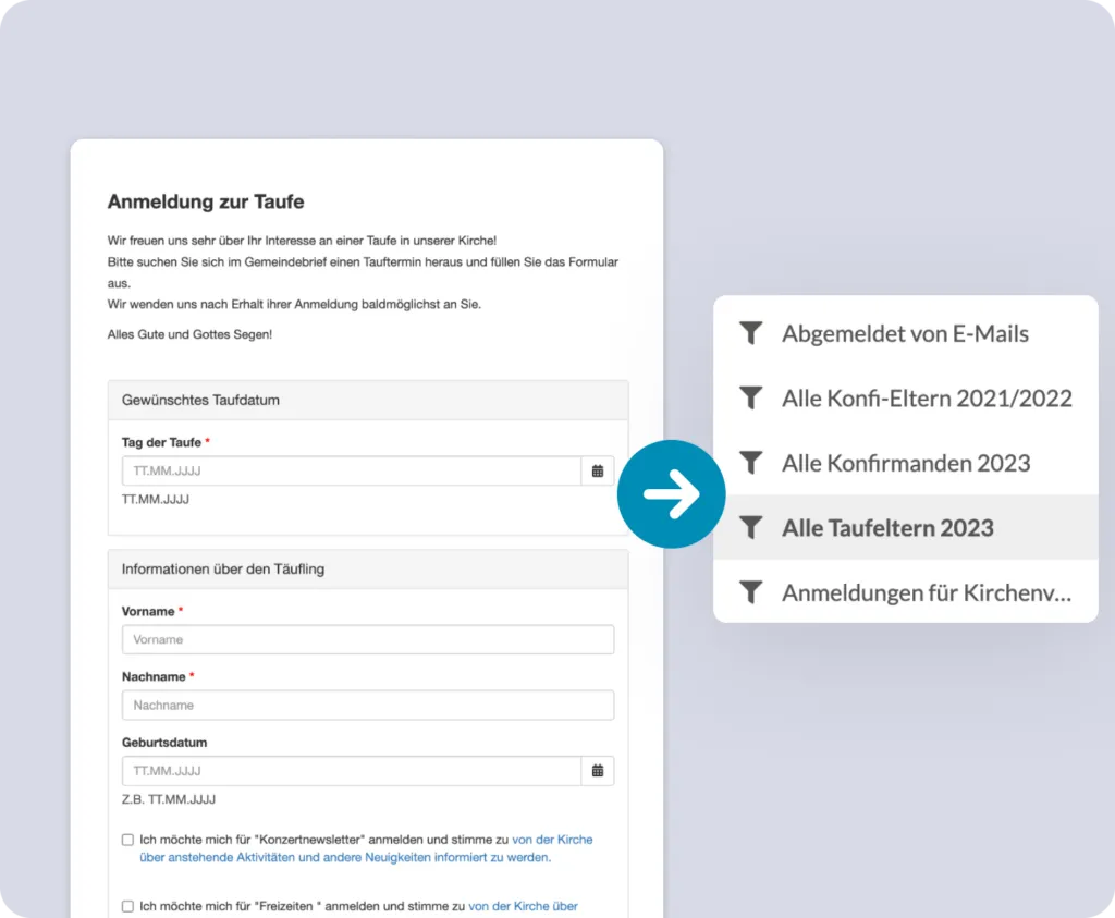 Eine Anmeldung zur Taufe in ChurchDesk, aus der automatisch Kontaktgruppen wie „Alle Taufeltern 2023“ entstehen