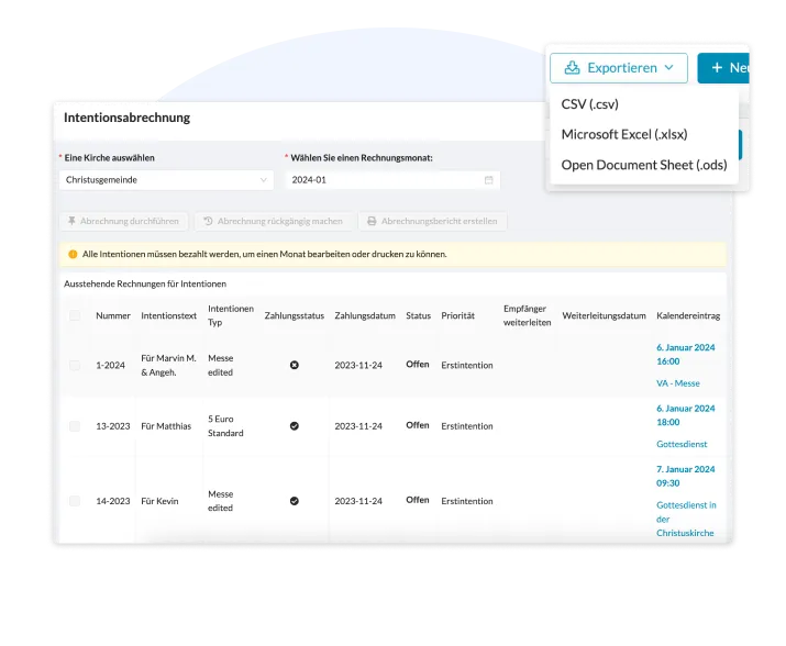 Ansicht der Intentionsabrechnung in ChurchDesk mit ausstehenden Rechnungen, Zahlungsstatus und Export-Optionen