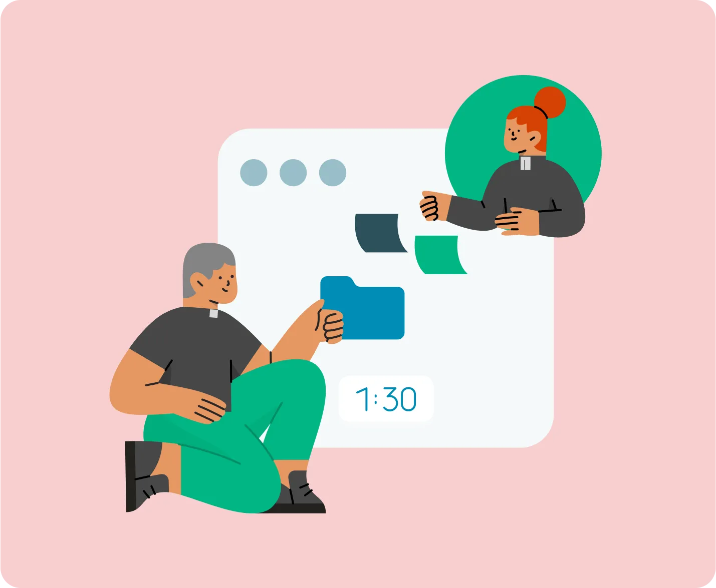 Illustration: Zwei Pfarrpersonen arbeiten gemeinsam in einem System