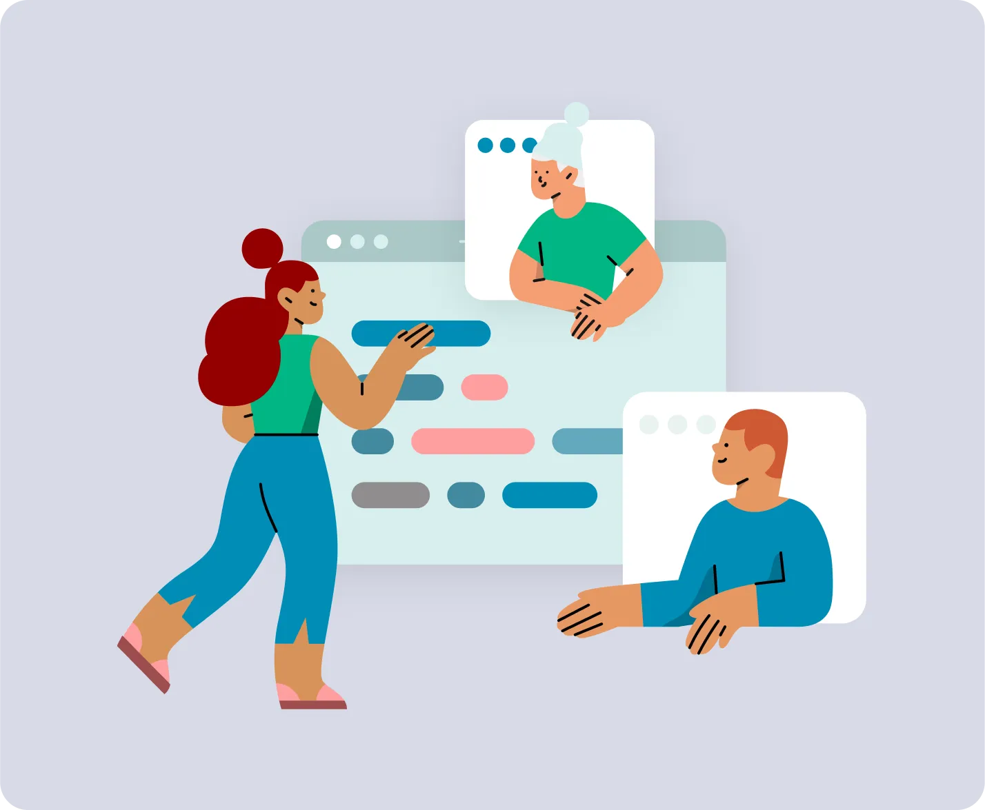 Illustration: Drei Personen arbeiten gemeinsam an einem Kalender