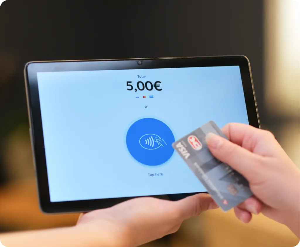 Hände halten das ChurchDesk Terminal, auf dem 5,00 € angezeigt werden, während eine Karte kontaktlos aufgelegt wird