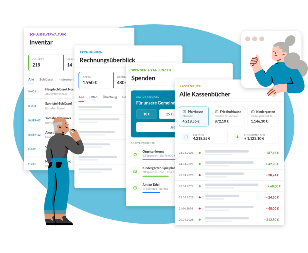 ChurchDesk Finanzen – Übersicht der Finanzverwaltung mit Rechnungen, Kassenbuch und Spenden