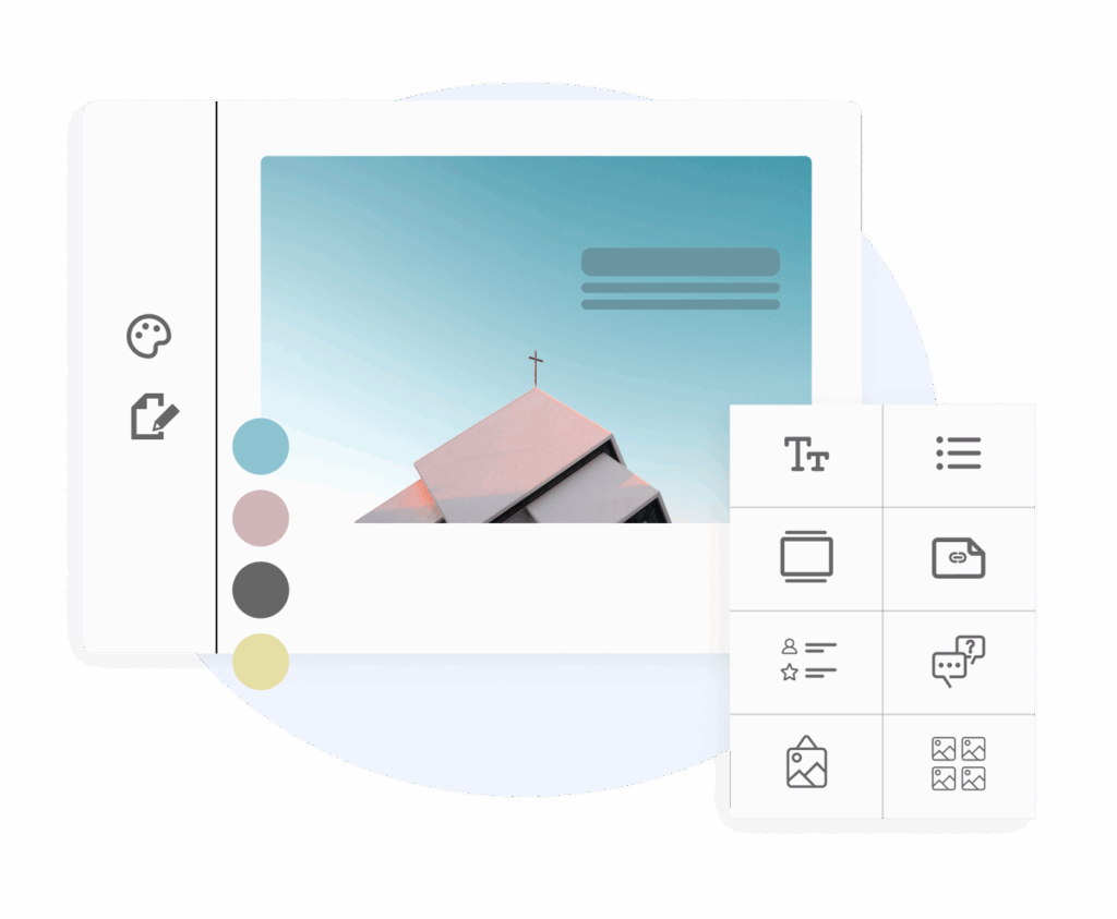 Der ChurchDesk Webseitendesigner mit Farbauswahl und einer Baustein-Bibliothek für eine Gemeindewebseite