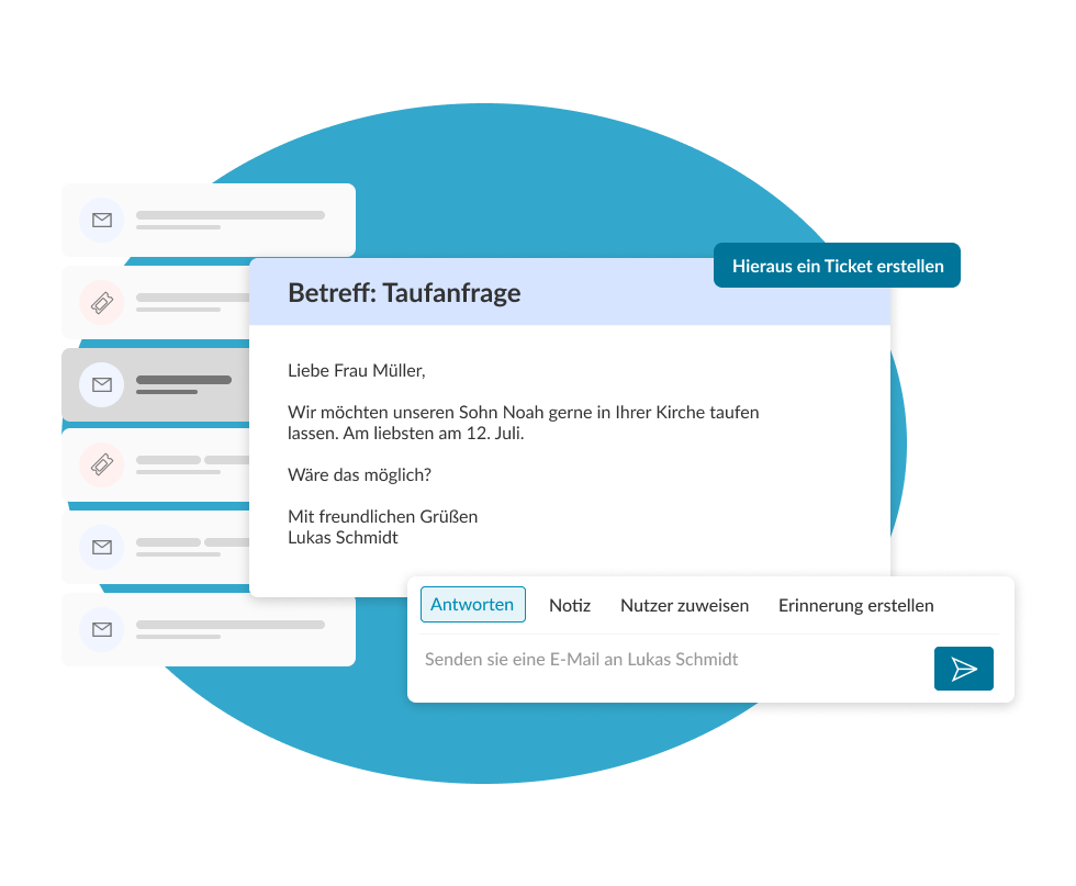 Eine E-Mail mit einer Taufanfrage in ChurchDesk, aus der sich mit einem Klick ein Ticket erstellen und beantworten lässt